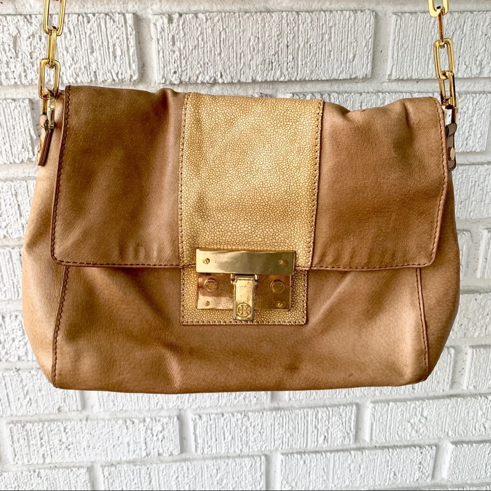 Tory Burch Tan Patterned Gold Chain Shoulder Bag